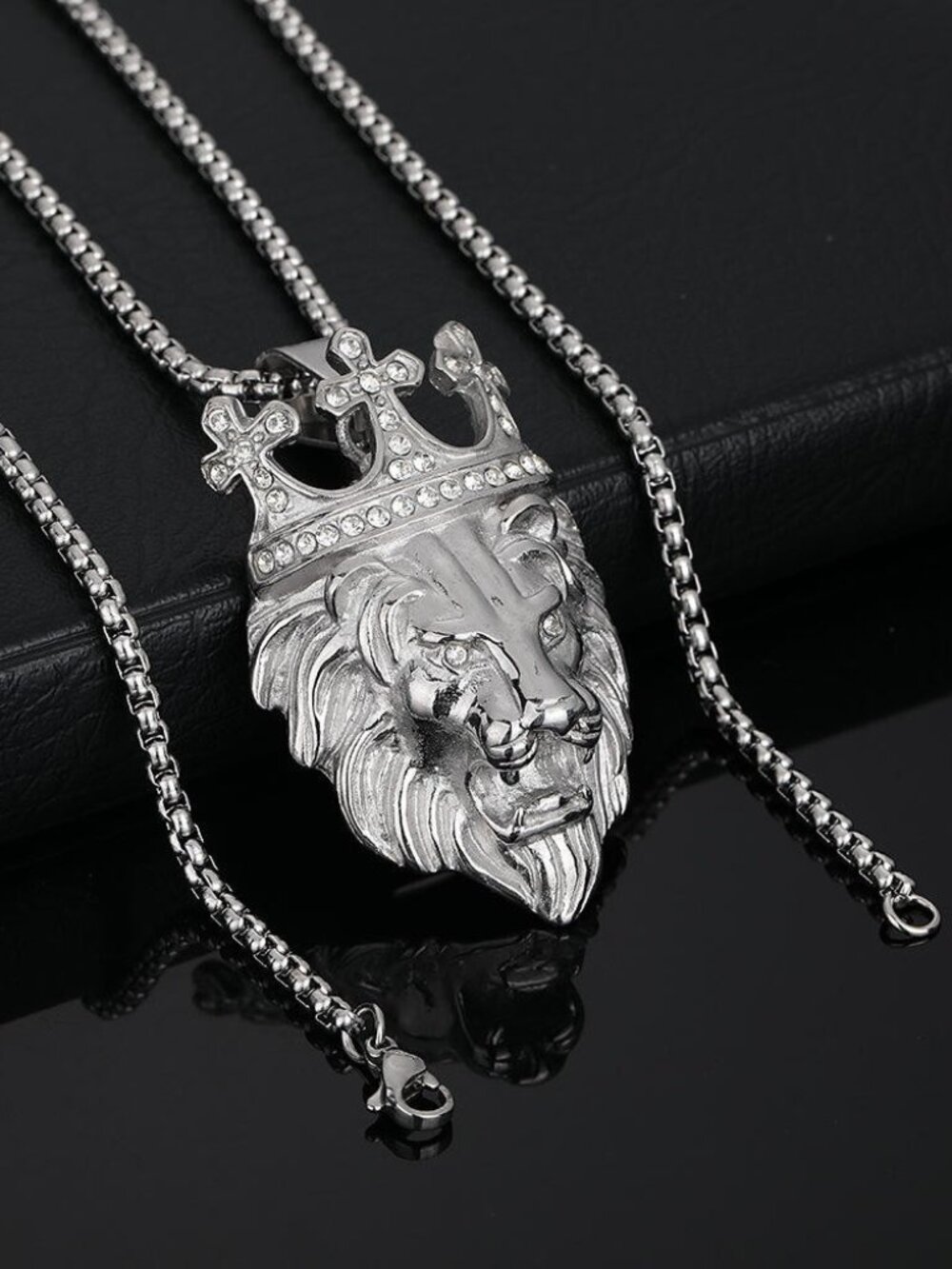 Mens Silver Lion Head Crown Cross Pendant Necklace Hip Hop King Jesus Jewelry